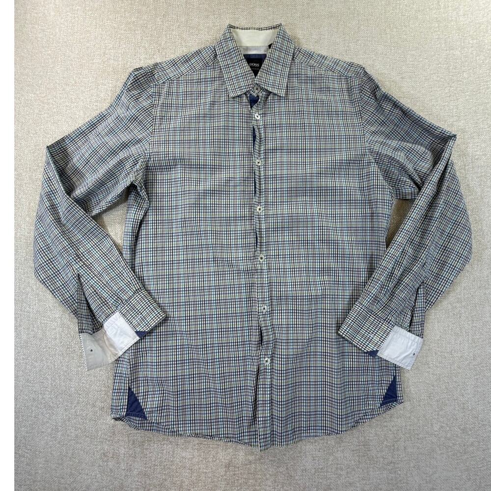 Boss Hugo Boss Men's Medium Black Blue Plaid Regular Fit Button Front Shirt Top